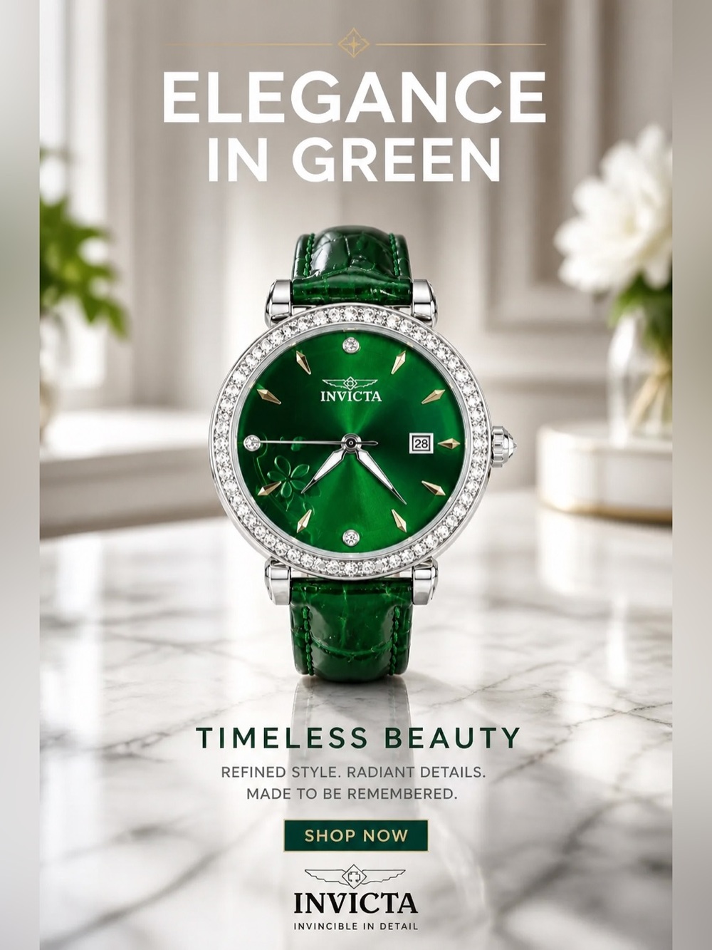 Invicta Green Dial Crystal Bezel Leather Strap Women's Watch